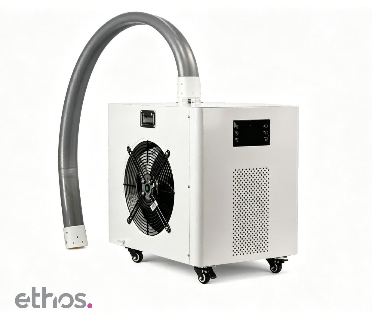 Ethos Cold Flow 1-2 HP portable cold plunge chiller with gray hose for converting a bathtub or small pool into a home cold plunge system.