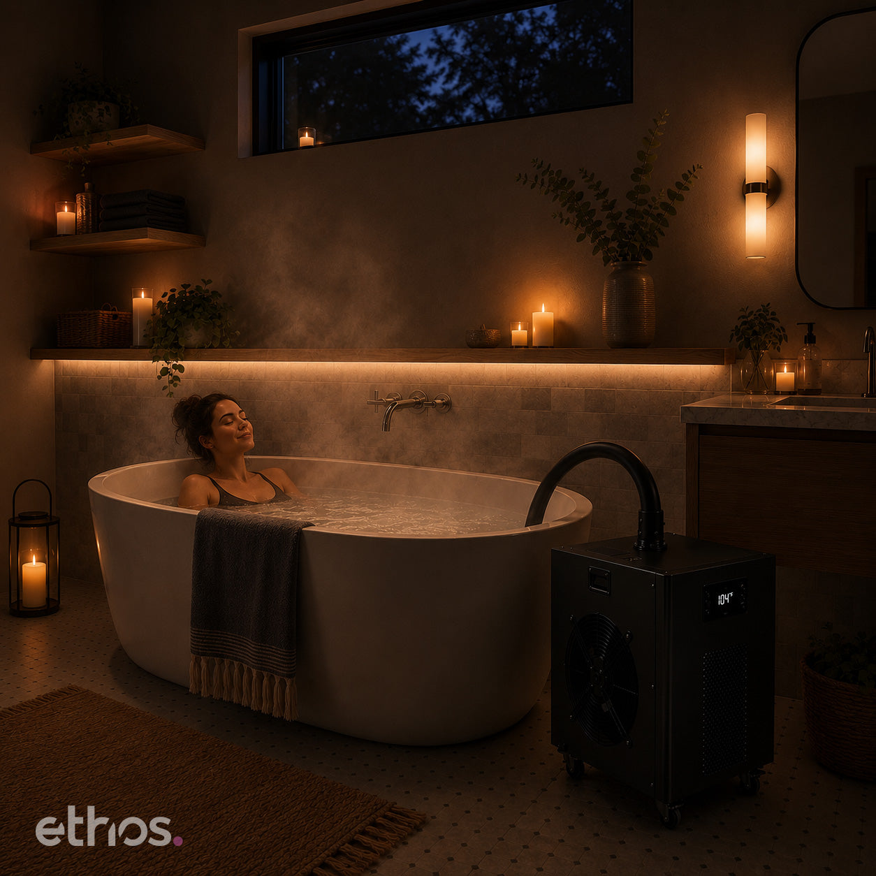 Black Ethos Cold Flow chiller heating a freestanding bathtub into a luxury hot tub with relaxing spa ambiance, candles, and steam.
