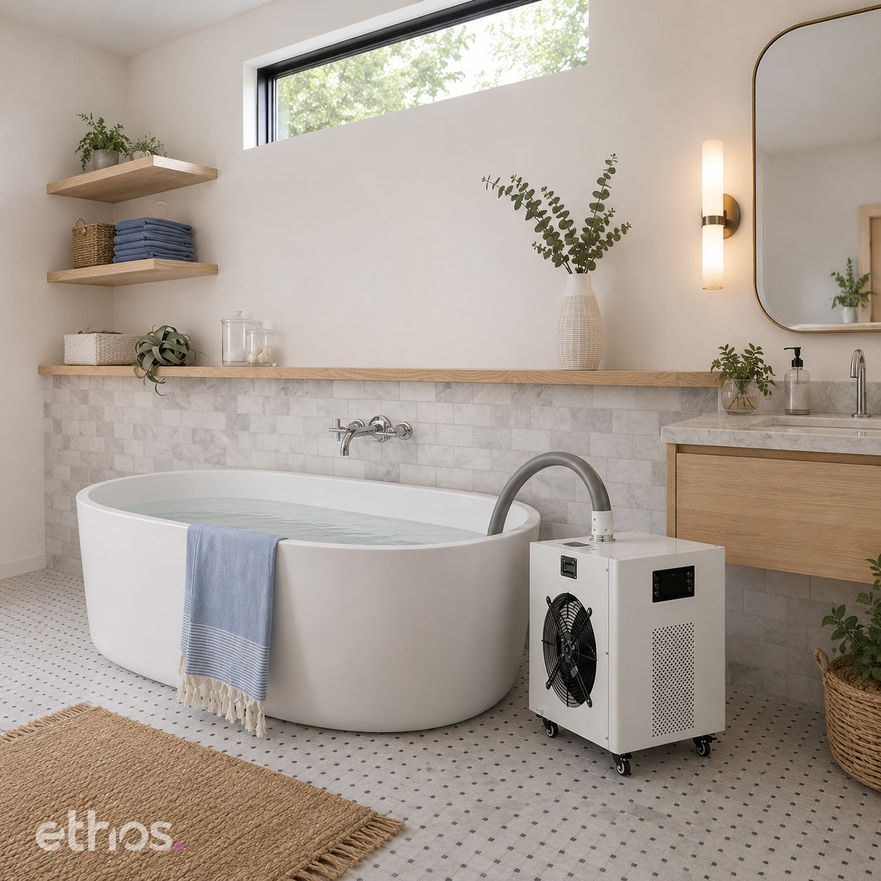 Ethos Cold Flow chiller connected to a freestanding bathtub creating a luxury home cold plunge in a modern spa-inspired bathroom.