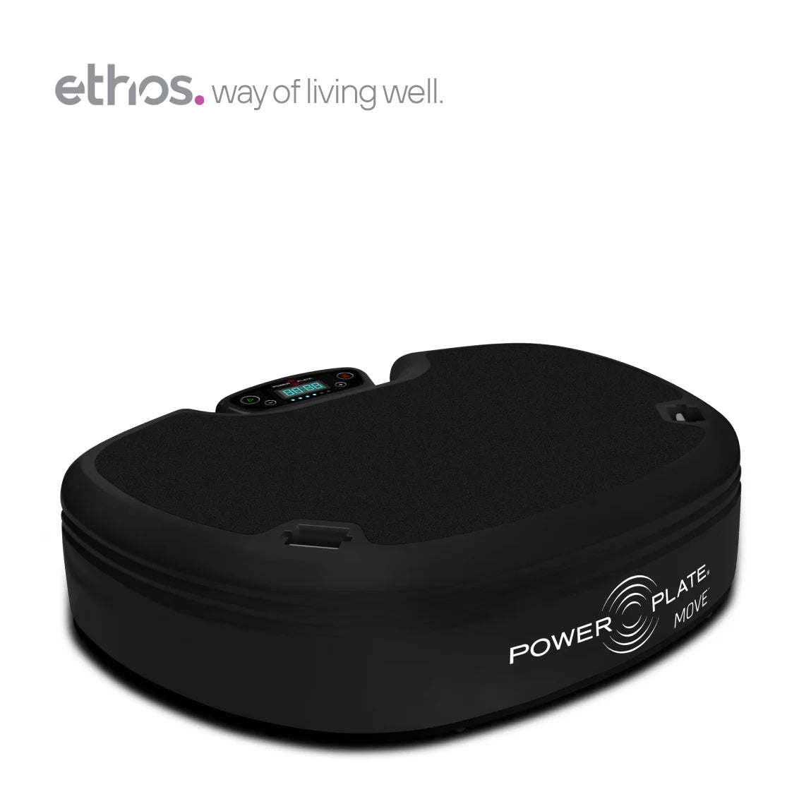 A black Power Plate Mobil fitness device with a digital display on top, shown on a clean white background with the Ethos logo in the upper left corner.