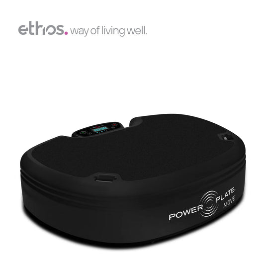 A black Power Plate Mobil fitness device with a digital display on top, shown on a clean white background with the Ethos logo in the upper left corner.