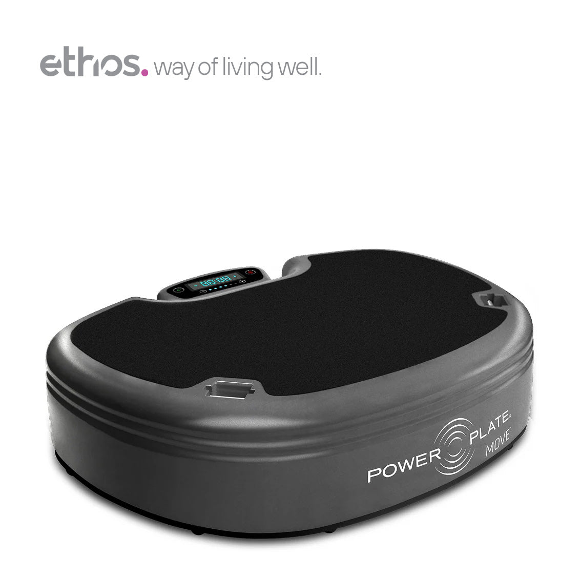 A dark gray and black Power Plate 360 fitness device on a white background, with the Ethos logo and tagline 'way of living well.' visible in the top left corner.