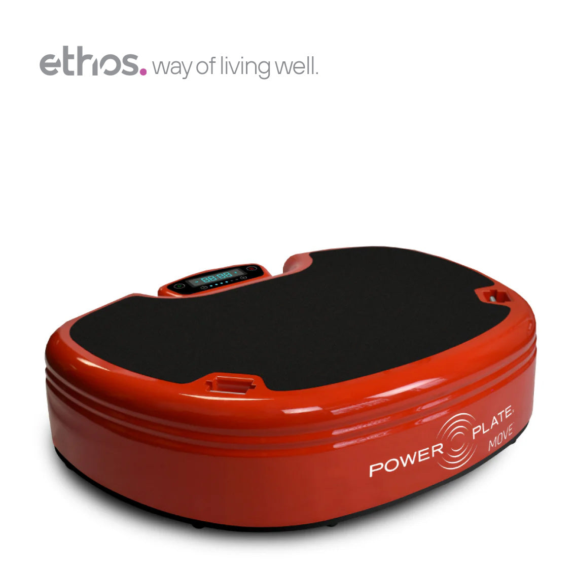 An Ethos Power Plate Active red and black vibration plate exercise machine on a white background with the Ethos logo in the top left corner.