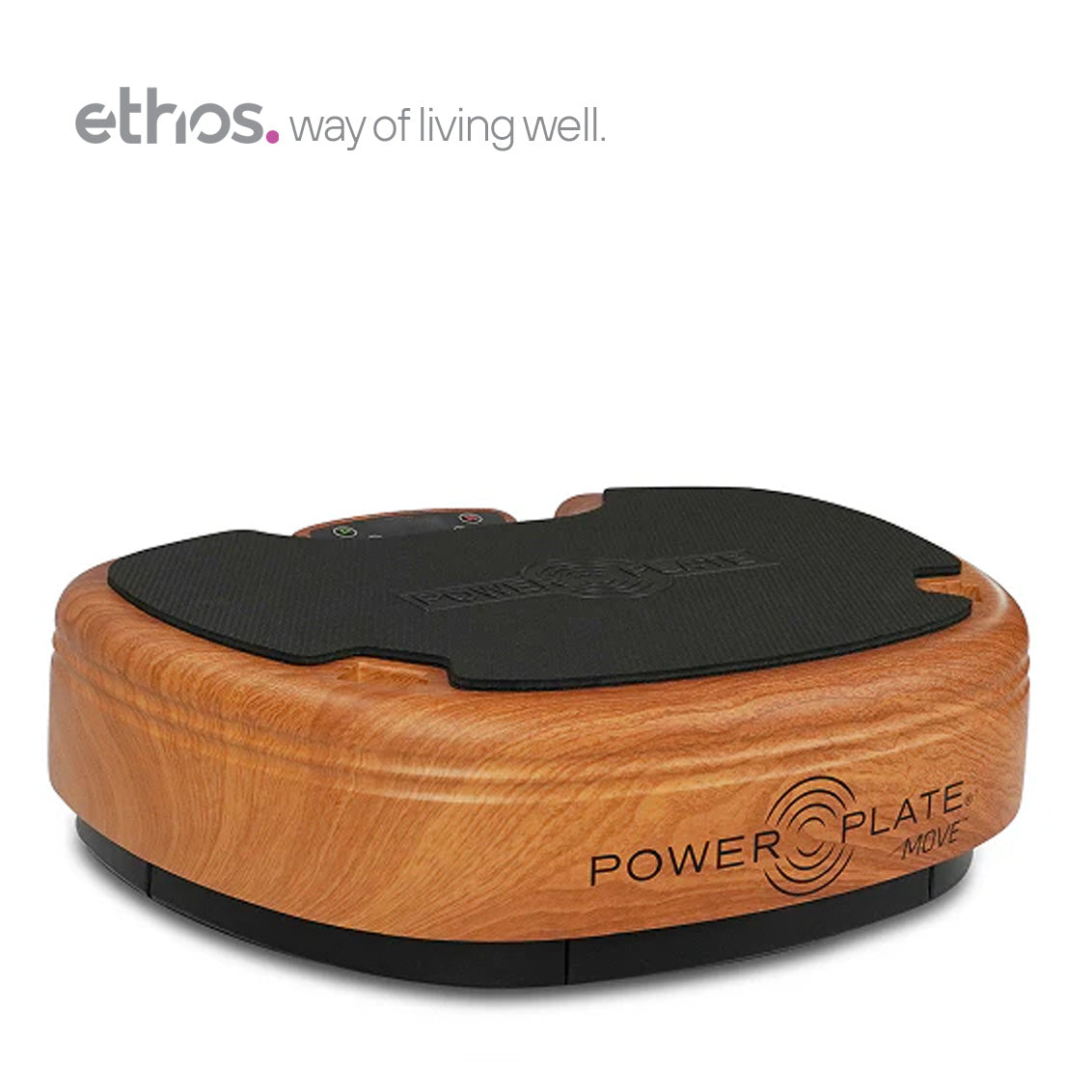Ethos Power Plate Move exercise platform with a natural wood-grain outer shell and a black textured top surface, shown on a white background with the Ethos logo in the upper left.